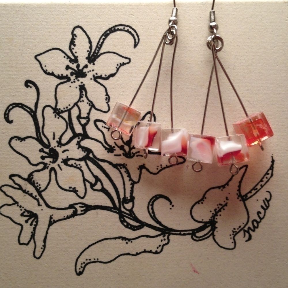 Handmade Orange and white marble square beaded earrings